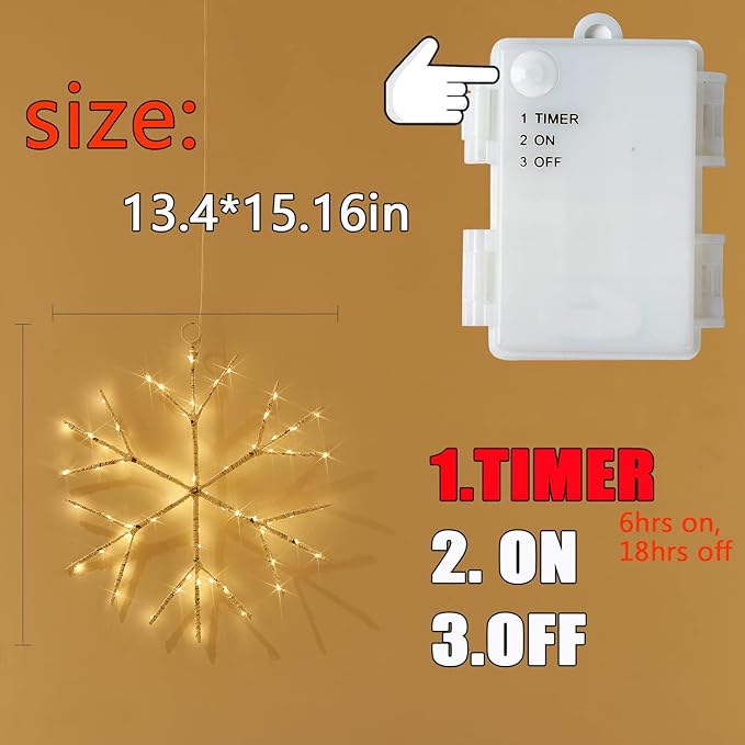 Fudios Lighted Snowflake LED Warm White Battery Operated with Timer 70L Fairy Lights 14in for Christmas Wall Window Winter Decoration Indoor Outdoor use