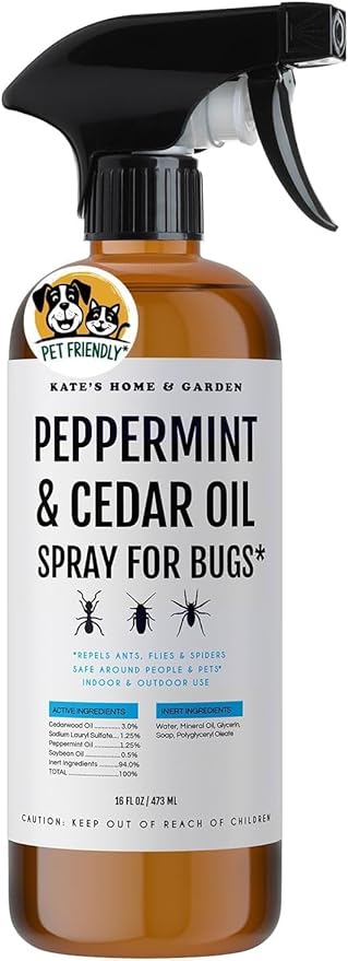 Kate's Home & Garden Peppermint Oil Spray for Bugs, Ants, Insects, Spiders. Pesticide and Insecticide Indoor Repellent Pest Control with Cedarwood Oil (16oz, Natural, Pet Safe, Non Toxic)