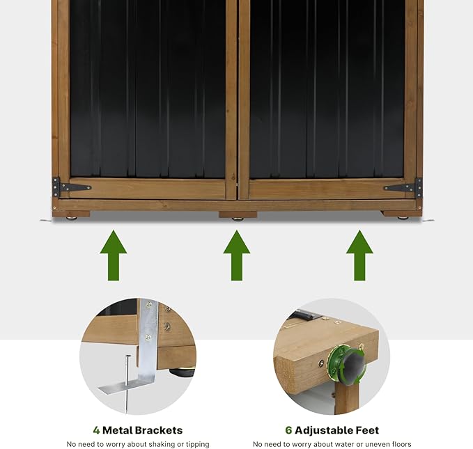 Outdoor Storage Cabinet Wood & Metal with Waterproof Roof, Garden Tool Shed with 4 adjustable reinforced feet with metal brackets, 3 Removable Shelves, 6 T-Hinge, Magnetic door,18.1"D x 49"W x 68.5"H