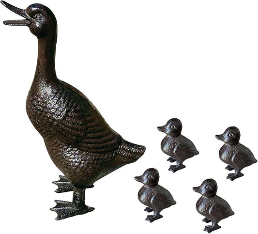 Vintage Cast Iron Duck Family Garden Statue, Rust Brown Mother Duck（15.7" Tall） with 4 Ducklings（3.6" Tall）, Outdoor Decorative Sculpture Set for Yard Patio HC5387-6905