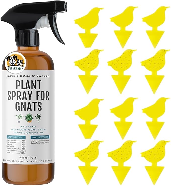Kate's Home & Garden Plant Spray for Insects & Getting Rid of Gnats with 12 Sticky Traps. Fungus Gnat Killer & Bug Spray for Indoor Plants (16oz, Cedarwood, Pet Safe, Non Toxic)