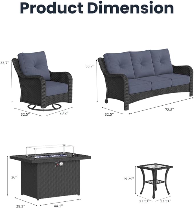 5 Pieces Outdoor Patio Furniture Sets with Rocking Swivel Chairs with 6-inch Thick Cushion and Fire Pit Table for Deck Lawn