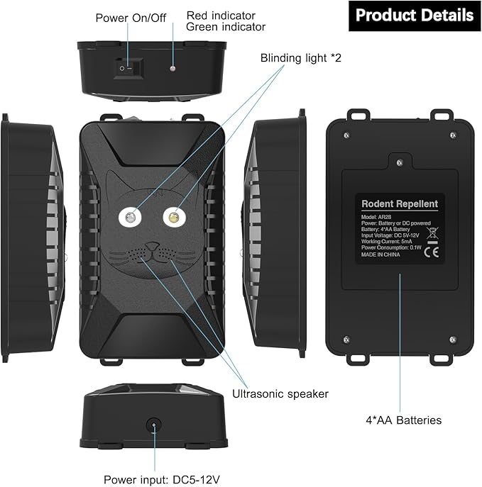 Tirgo Rodent Repeller Car Under Hood, Ultrasonic Mouse Repellent with Strobe Light, Plug-in Battery Powered Keep Mice Away from Cars Engines, Outdoors, Room, Indoors (Large)