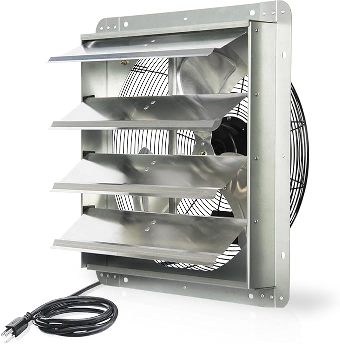 JVO 18 Inch Shutter Exhaust Fan - 2600 CFM High Velocity Wall Mounted Ventilator, 1.8m Power Cord, Auto Shutters - for Garage, Attic, Greenhouse, Shed, Shop, Workshop & Industrial Ventilation