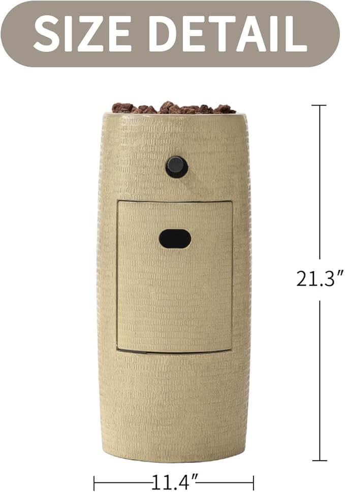 SUNBURY Outdoor Propane Fire Pit, Stone Like Fire Pit Table with Glass Wind Guard, Waterproof Cover, 15000BTUS Small Column Firepit Garden Lighting (Beige)