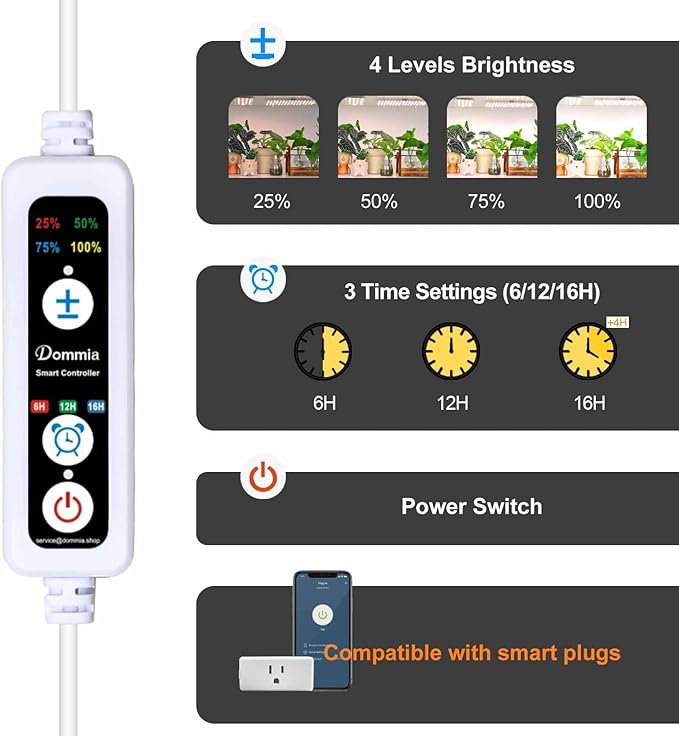DOMMIA Grow Light, 20W Ultra-Thin Panel Grow Lights for Indoor Plants, High PPFD Full Spectrum, Dimmable, 6/12/16H Timer Auto on/Off, Suitable for Indoor Growing, Pinkish White 1-Pack