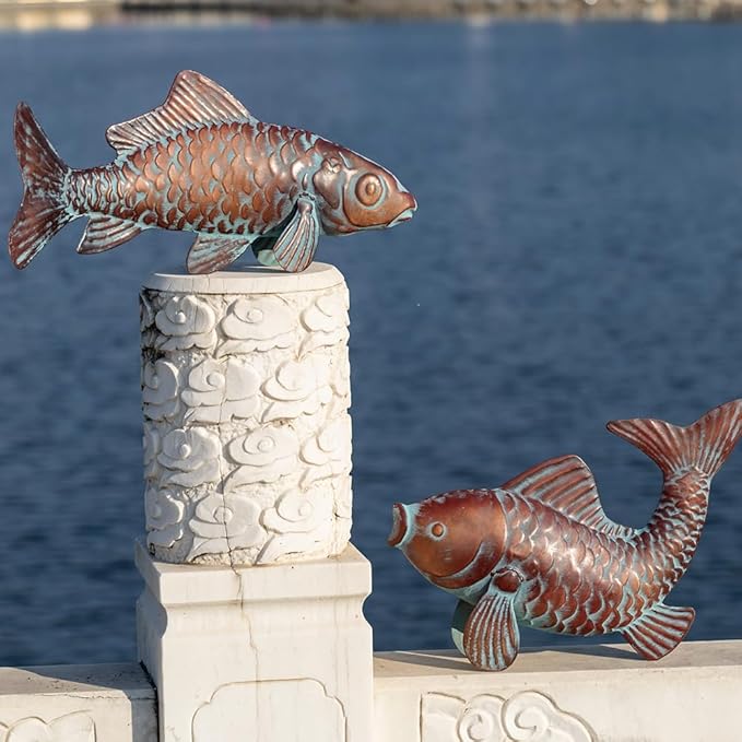 G/N Set of 2 Koi Fish Decor Outdoor Statue Sculpture Garden Pond Fishes Yard Art Antique Copper Koi Sculptures & Statues Large Metal Koi Fish Figurine Ornaments Décor Gifts for Women Mom Grandma