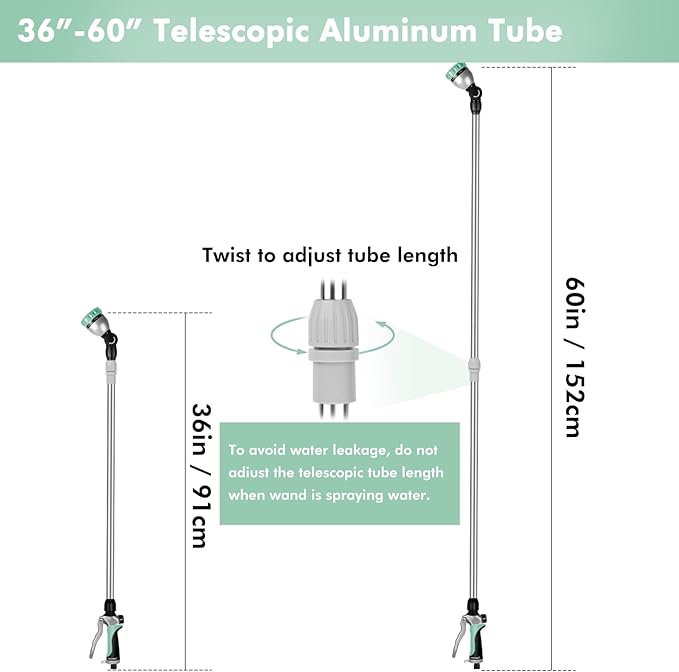 RESTMO 36”-60” Metal Watering Wand, Long Telescopic Tube | 180° Adjustable Ratcheting Head | 7 Spray Patterns | Flow Control, Garden Hose Sprayer to Water Hanging Baskets, Shrubs, Cyan