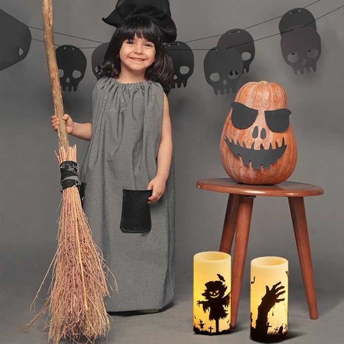 DRomance Halloween LED Flameless Pillar Candles Battery Operated Remote and Timer Real Wax Yellow Light Flickering Scarecrow Witch Ghost Hand Decals Halloween Candles Decoration Gifts(3 x 6 Inches)