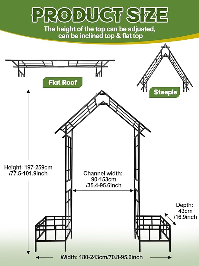 Kalolary 2 in 1 Metal Garden Arbor with Plant Box, 8FT House Shape Garden Arch Trellis for Climbing Plants Heavy Duty Steel Pergola Arch for Wedding Party Backyard Outdoor (Freely Adjustable Width)