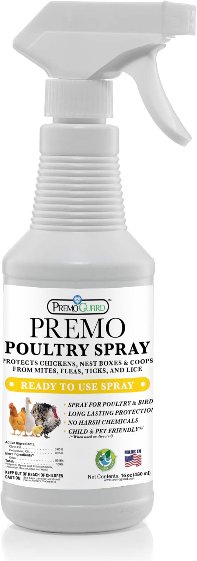 Poultry Spray by Premo Guard – 16 oz – Treat Mites, Fleas, Flies, and Lice – Effective Plant Based – Chicken, Turkey, Waterfowl, and Birds – Best Natural Protection for Control & Prevention