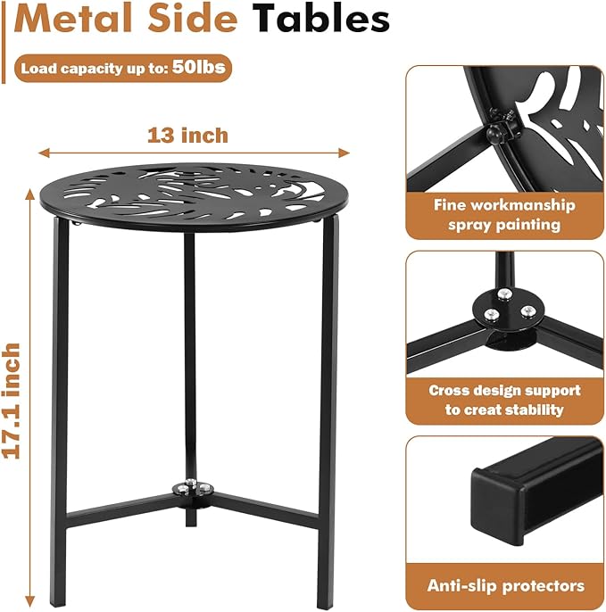 2 Packs 13" Metal Outdoor Side Tables Small Black Outside End Table for Patio Round Accent Corner Stand for Small Spaces Weather-Resistant Coffee Table for Balcony Porch Plant Stand, Monstera Leaf