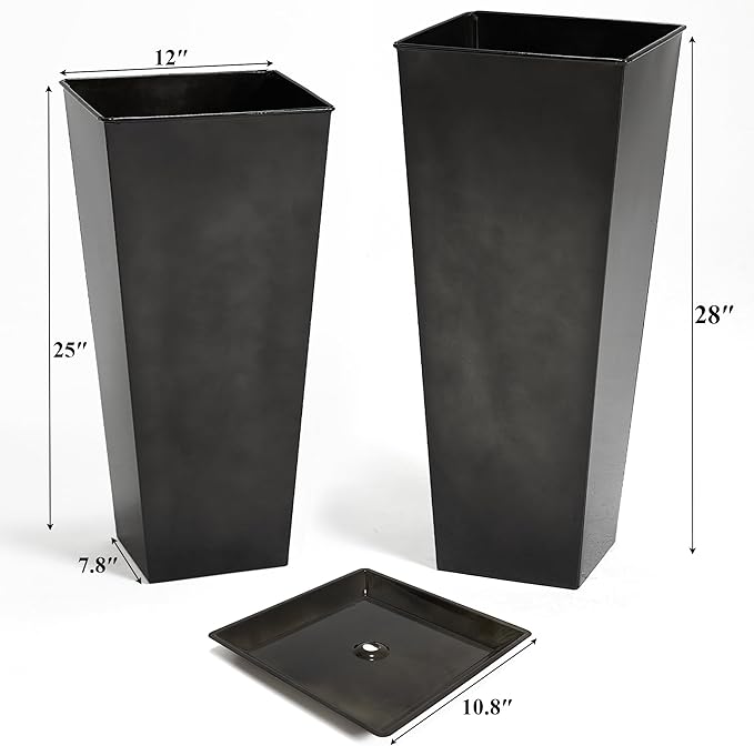 Worth Garden Large Metal Glazed Planter Set of 2 (25" + 28"), Luxurious Glossy Finish Black Tall Square Tapered Steel Plant Pot, Decor Flower Pot Indoor & Outdoor, Drainage Hole & Dual-Purpose Saucer