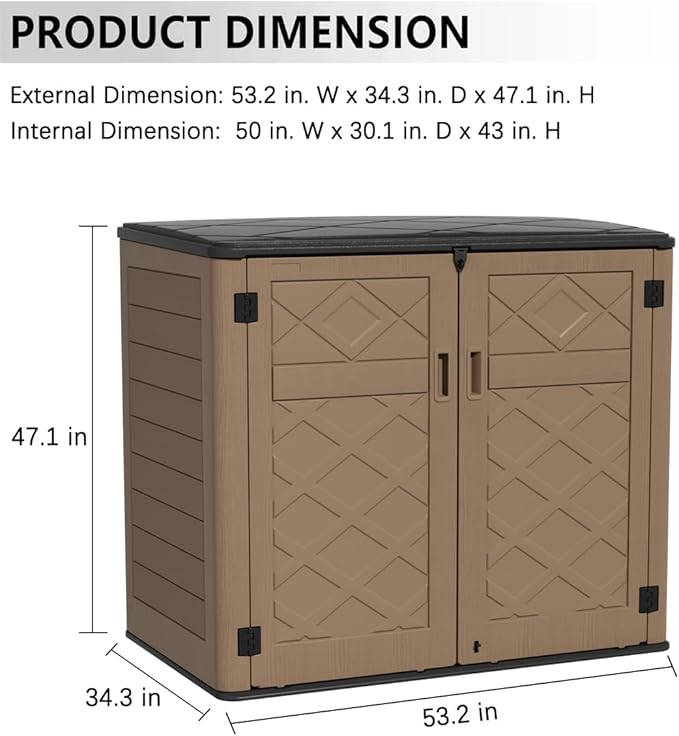 KINYING Larger Outdoor Storage Shed Weather Resistance, Resin Sheds & Outdoor Storage for Garden, Patios, Backyards, 48 Cu.Ft Tool Shed for Garbage Cans, Lawn Mower, Garden Tools,Brown