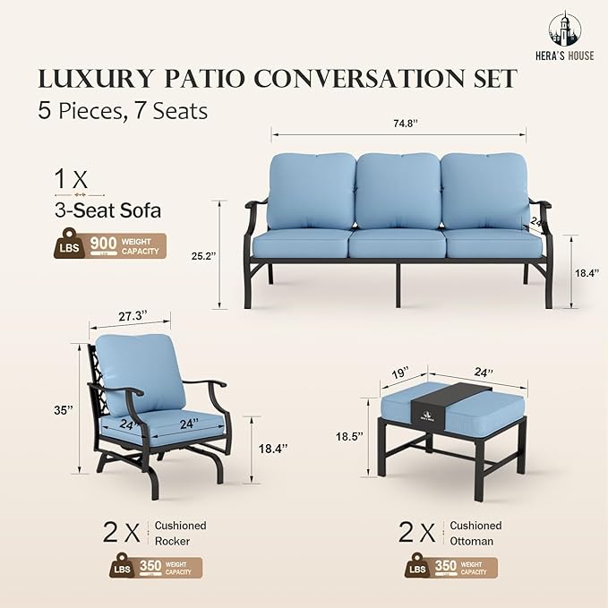 HERA'S HOUSE 5 Pieces Patio Furniture Set, 2 x Cushioned Rocking Chair, 2 x Ottoman, 1 x 3-Seat Sofa, All Cushioned 7 Seats Outdoor Conversation Set for Lawn Garden Backyard, Blue