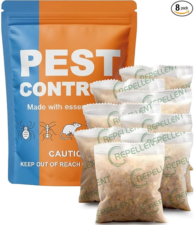 Pest Repellent, Rodent Repellent for Indoor and Outdoor, Keep Roach, Mouse, Ant, Moth and Spider Away from House, Attic, Kitchen and Car Engines, Safe for Kids and Pets, Protects 120 sq ft - 8P