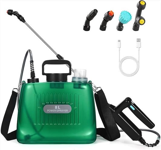 Battery Powered Sprayer 2 Gallon,Rechargeable Pump Sprayer with Adjustable Shoulder Strap,4 Mist Nozzles,Retractable Wand,Portable Water Electric Garden Sprayer for Yard Lawn Garden Watering Cleaning