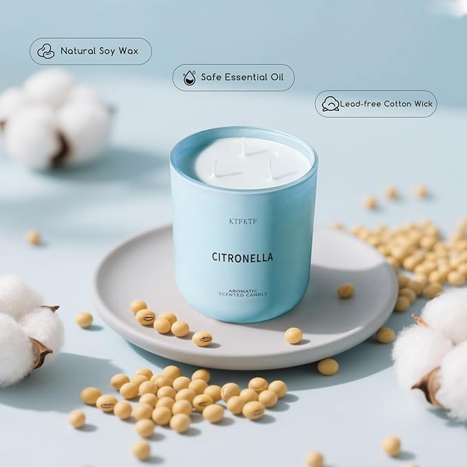 Citronella Candles Indoor Outdoor, 14.2oz Large Scented Candle for Home, Long Lasting Aromatherapy Candles | Non-Toxic Essential Oil & Soy Wax | Natural Herbal & Woody Aroma