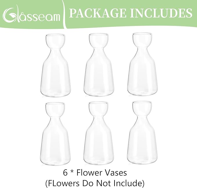 Glasseam Avocado Glass Bud Vase, Set of 6 Acorn Bulb Vase, Cute Clear Small Vases for Home Room Table Decor, Hydroponic Plant Propagation Jar for Flowers Stems Clippings