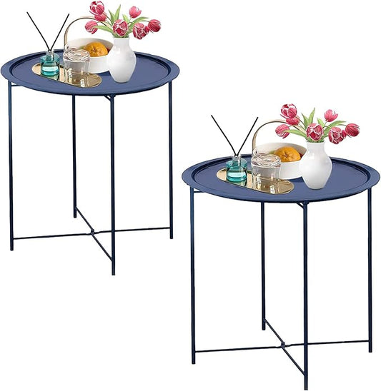 Garden 4 you End Table 2 PCS Metal Side Table Dark Blue Round Folding Tray Cyan Sofa Small Accent Fold-able Table, Round End Table Tray, Next to Sofa Table, Snack Table for Living Room and Bed Room