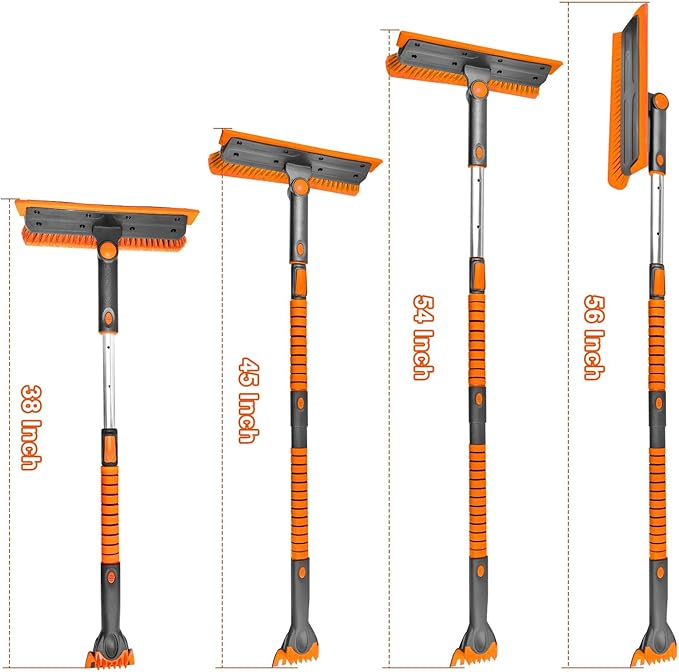 SEAAES 56 Inch Truck Snow Brush Scraper Long Handle, Heavy Duty Extendable Snow Broom for SUV, Windshield Ice Scraper with Foam Grip for Car Automobile Vehicle Window - Orange