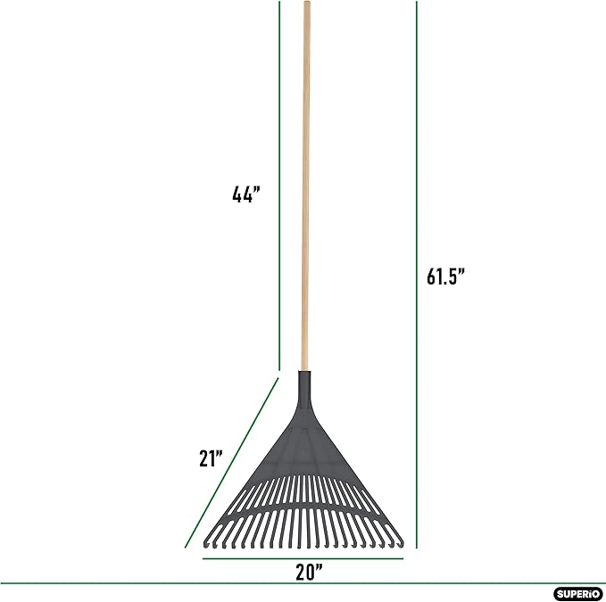 Superio Adult Rake with Hardwood Handle, Durable Plastic Head to Sweep Leaves in Lawn and Tidying Up The Garden, 61"