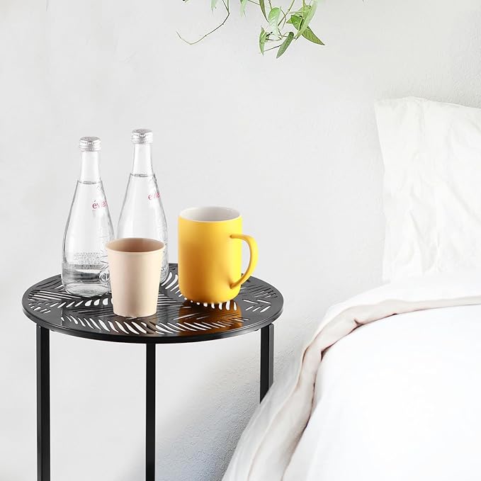 2 Packs 13" Metal Outdoor Side Tables Small Black Outside End Table for Patio Round Accent Corner Stand for Small Spaces Weather-Resistant Coffee Table for Balcony Porch Plant Stand, Palm Leaf