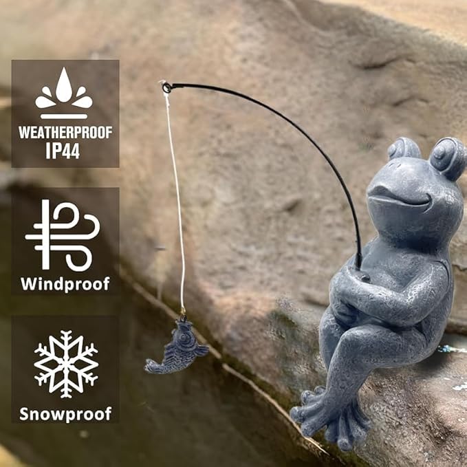 Frog Fishing Statue Garden Decor – 9.8" Weatherproof Resin Frog Fishing Sculpture Decor for Fish Ponds, Koi Ponds, Waterfalls, Poolside & Outdoor Gardens– Resin Figurine for Indoor & Outdoor Décor