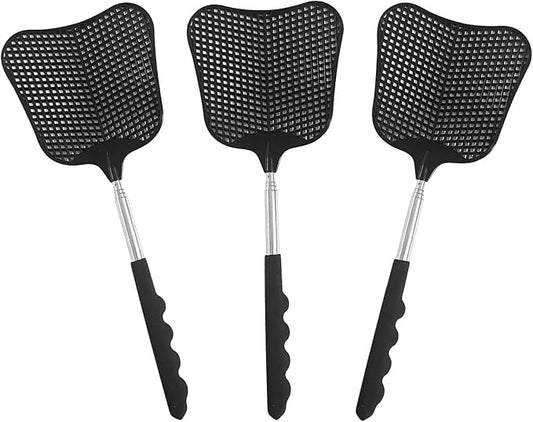 Fly Swatters 3 Pack Black, Durable Telescopic Stainless Steel Handle, Heavy Duty Upgraded Plastic Fly Swatter Set for Indoor Outdoor Home Hiking Camping Garden