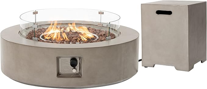 SUNBURY Outdoor Propane Fire Pit, Circular Gray Patio Fire Table 50,000 BTU w 20 Gallon Tank Cover, Glass Wind Guard, Waterproof Cover