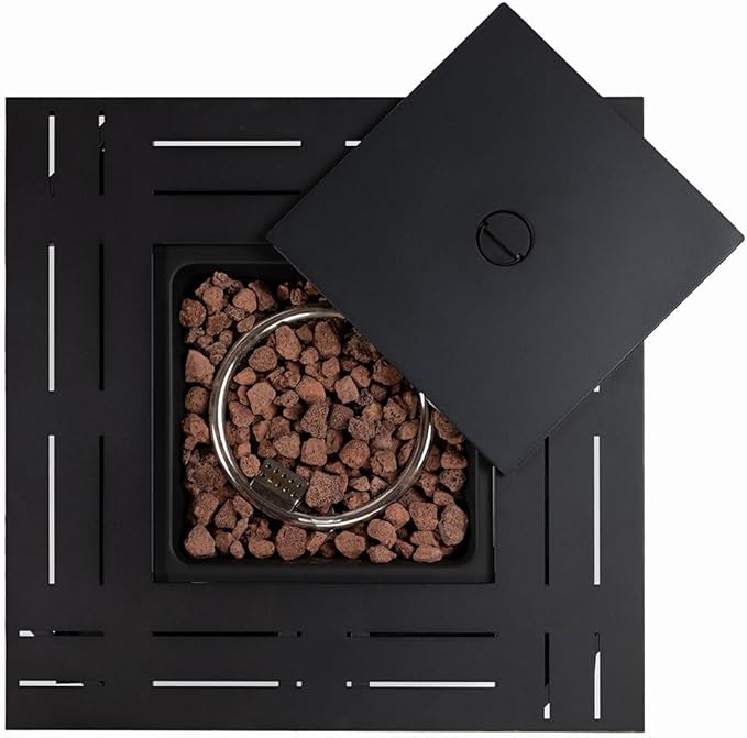 28'' Propane Fire Pit Table, 50,000 BTU Fire Table with Steel Lid, Big Legs, Laval Rocks.