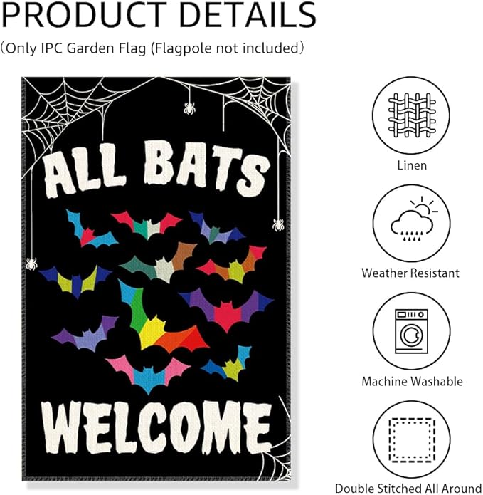 All Bats Welcome Garden Flag, Funny Equality Inclusive Yard Sign for Outside, LGBT Trans Pride Ally Flag, Halloween House Flags, Bat Fall Lawn Porch Outdoor Farmhouse Decor for Family Friend