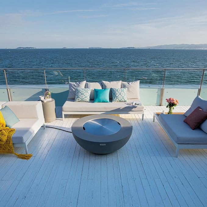 Elementi Lunar Bowl Fire Pit Bundle Outdoor Firepit Set Includes 42” Natural Gas Concrete Firepit, Glass Windscreen, Stainless Steel Cover, Canvas Cover, Floor Mat, and Beverage Tub