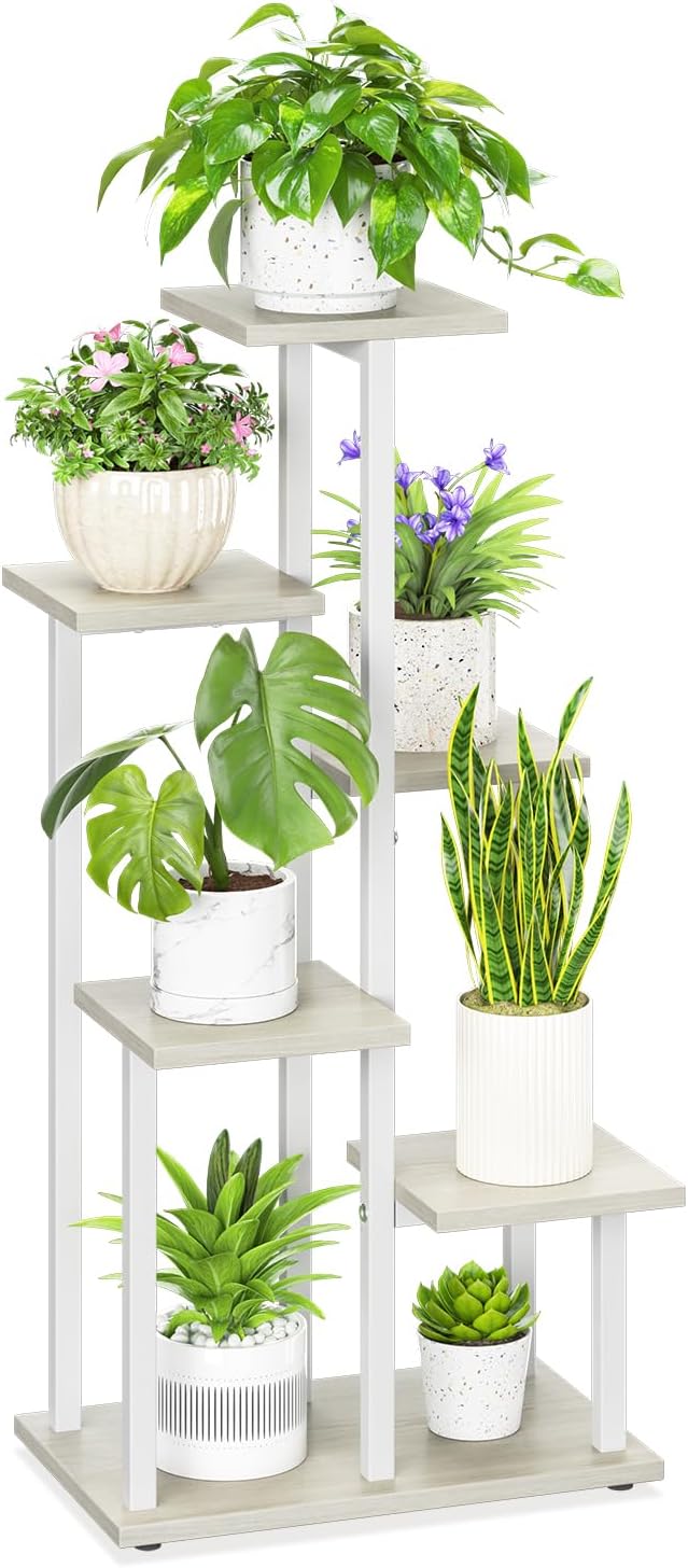 iDavosic.ly 6 Tier Plant Stand Indoor, Tiered Corner Plant Shelf for Multiple Plants, Metal Wood Tall Plant Display Rack Flower Holder for Patio Porch Garden Balcony Bedroom, White