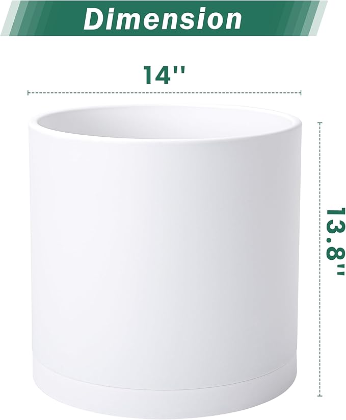 D'vine Dev 2 Pack 14 Inch Modern Plastic Plant Pots, Cylindrical Garden Planters for Plants with Drainage Holes and Saucers, White, 74-Z-Q-1