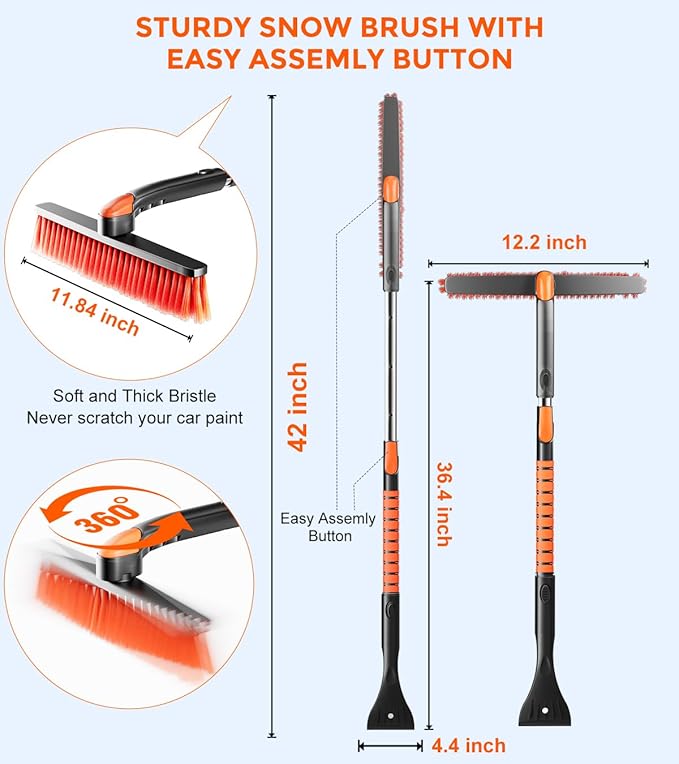 [Upgrade] Ice Scraper & Extendable Snow Brush for Car Windshield [Military-Grade Sturdy] - 360° Pivoting Brush Head with Silicone Grip for Effortless One-Swipe Clean on Auto (Large)