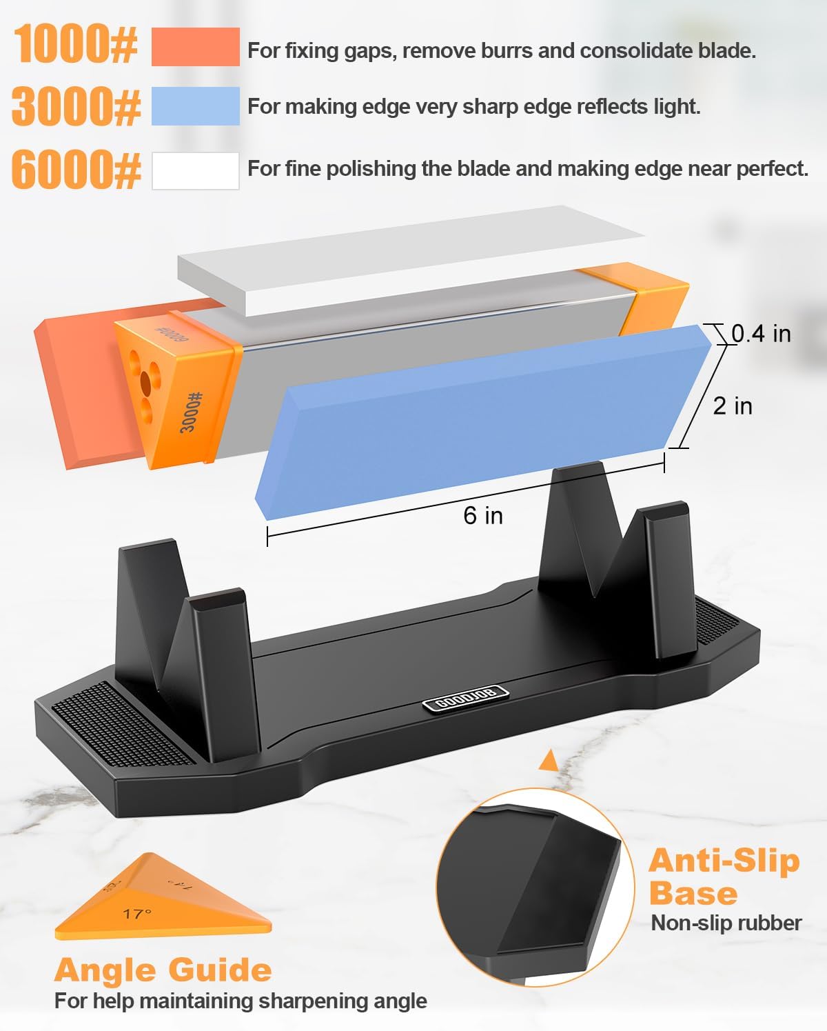 Knife Sharpening Stone Kit Premium 3 Side Grit 1000/3000/6000 Whetstone Knife Sharpener Tool for Kitchen Knife Set with Angle Guide and Non-Slip Base (GB-3W)