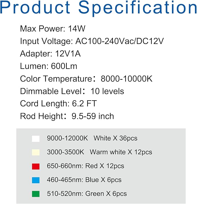 WaterRebirth 6.3 inch Grow Lights for Indoor Plants,Large Plant Light with 3 Timers, 10 Level Dimmable Brightness, Full Spectrum Plant Lamp, Height Adjustable for Tall Plants