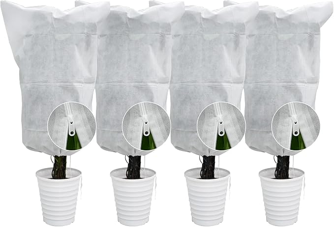 EAONE 4 Pack Plant Covers Freeze Protection, 47x71'' Winter Frosts Cloth for Outdoor Plants, Reusable Frost Blankets Drawstring Bags for Cold Freeze Sun Protection Bird Insect Prevention, White
