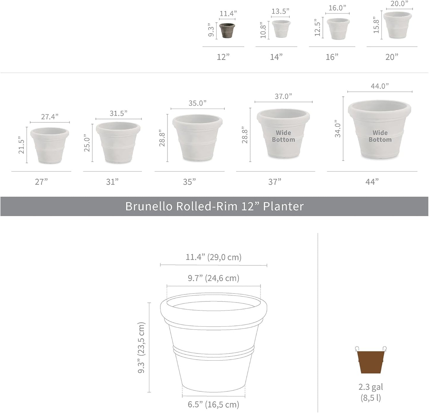 Crescent Garden Brunello Planter, Classic Rolled-Rim Plant Pot, Plastic Indoor-Outdoor Planter, 12-Inch (Weathered Terracotta-Color)