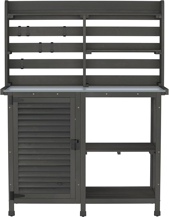 GDLF Potting Bench Table Large Garden Outdoor Work Bench Metal Tabletop Workstation with Storage Cabinet Shelf Dark Grey