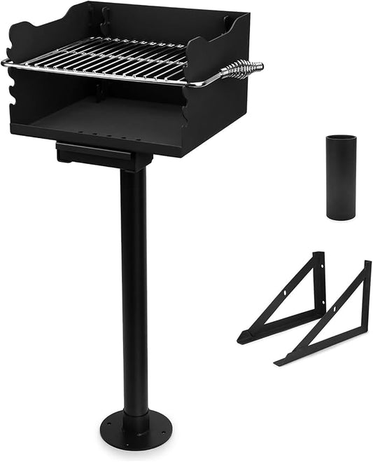 Stanbroil Charcoal Barbecue Grill for Outdoor, Heavy Duty Steel Park BBQ Grill with Stainless Steel Cooking Grate and Above/In Ground Post for Camping and Backyard