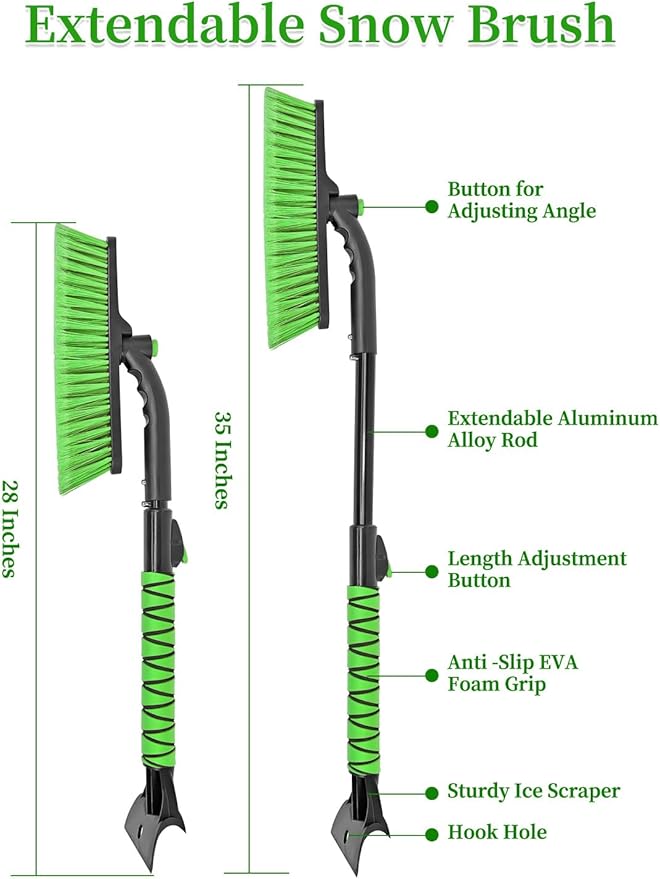 HEEYA Snow Brush for Car, Extendable Snow Brush and Ice Scraper with Foam Grip, Car Window Scraper for Snow and Ice for SUV Truck Auto Jeep RV Vehicle Windshield - Green
