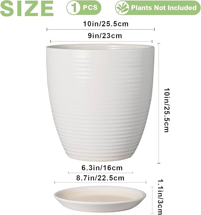 10 Inch Ceramic Planter Pot - Large Plant Pot with Drainage Hole and Saucer, Modern Round Flower Pots for Indoor Outdoor Plants, Garden Planter, White