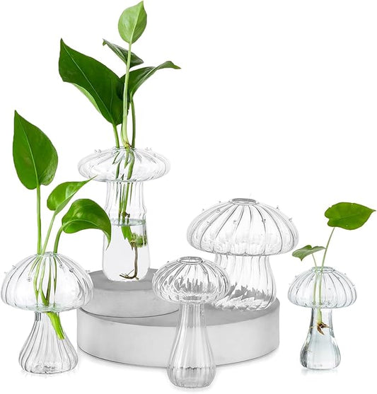 Mushroom Jars for Plants, Hewory 5pcs Clear Glass Mushroom Bud Vase for Flowers, Unique Plant Propagation Stations Propagating Vases Decor, Mini Cute Hydroponic Terrarium Planter for Indoor Planters