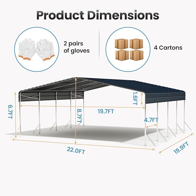 Heavy Duty Metal Carport – Sturdy Structure, All-Weather Protection, Easy Assembly for Cars, Trucks, Boats, Tractors, and Outdoor Storage (Gray, 20X20 FT)