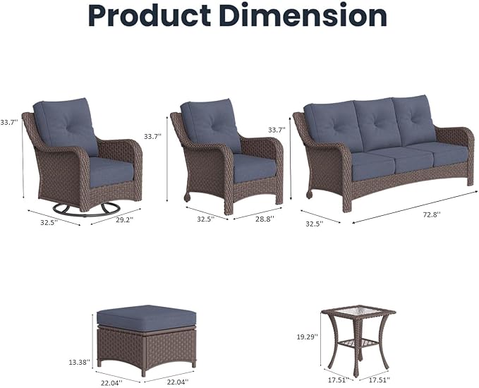 9 Pieces Outdoor Patio Furniture Sets with Rocking Swivel Chairs with 6-inch Thick Cushion and Side Table for Deck Lawn