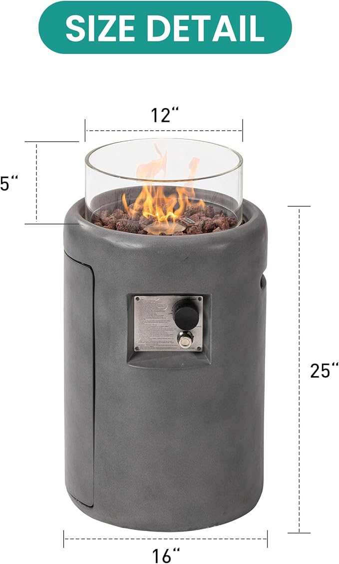 SUNBURY Outdoor Propane Fire Pit, Stone Like Fire Pit Table with Glass Wind Guard, Waterproof Cover, 40000BTUS Small Column Firepit Garden Lighting, CSA Certified (Grey)