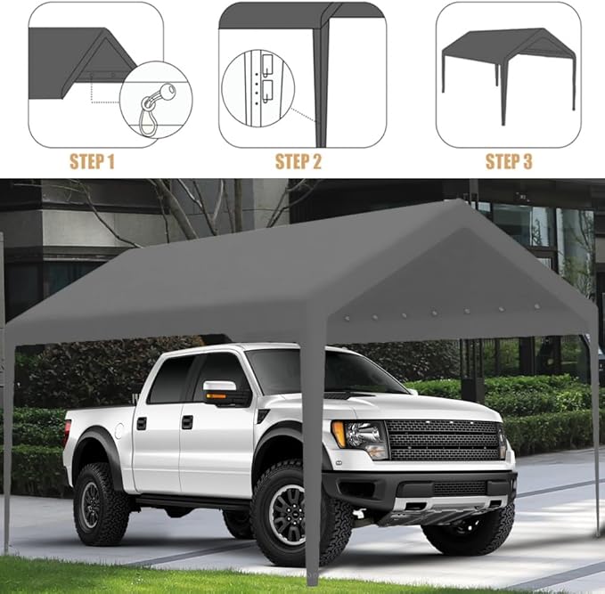 Carport Replacement Canopy, Replacement Top Cover for 12' x 20' Carport Frame, 180G PE Fabric Waterproof & UV Protected Tarp with Ball Bungees, Grey (Only Top Cover, Frame is not Included)
