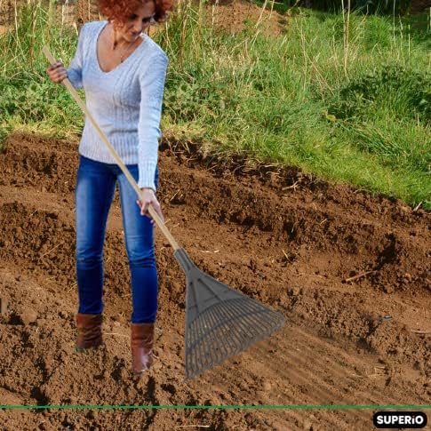 Superio Adult Rake with Hardwood Handle, Durable Plastic Head to Sweep Leaves in Lawn and Tidying Up The Garden, 61"